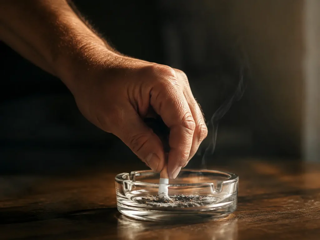 Férfi keze, amint eloltja a cigarettát egy hamutartóban, a döntés pillanatát megragadva