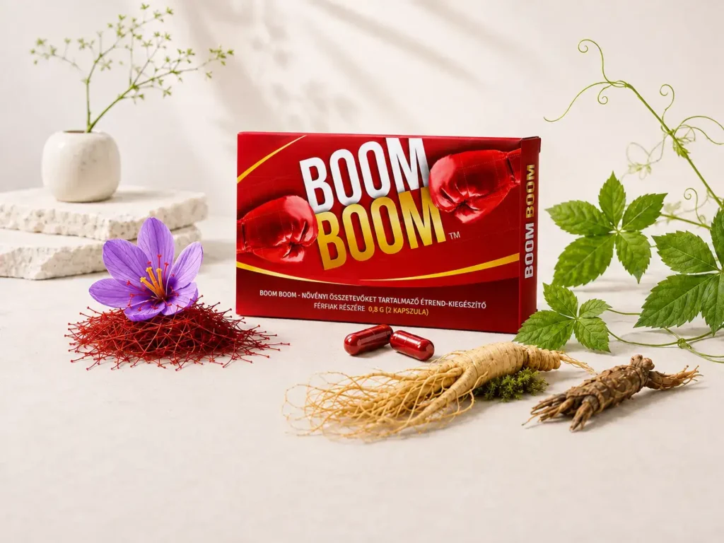 Boom Boom természetes alapú potencianövelő – sáfrány, ginzeng és tajgagyökér összetevőkke