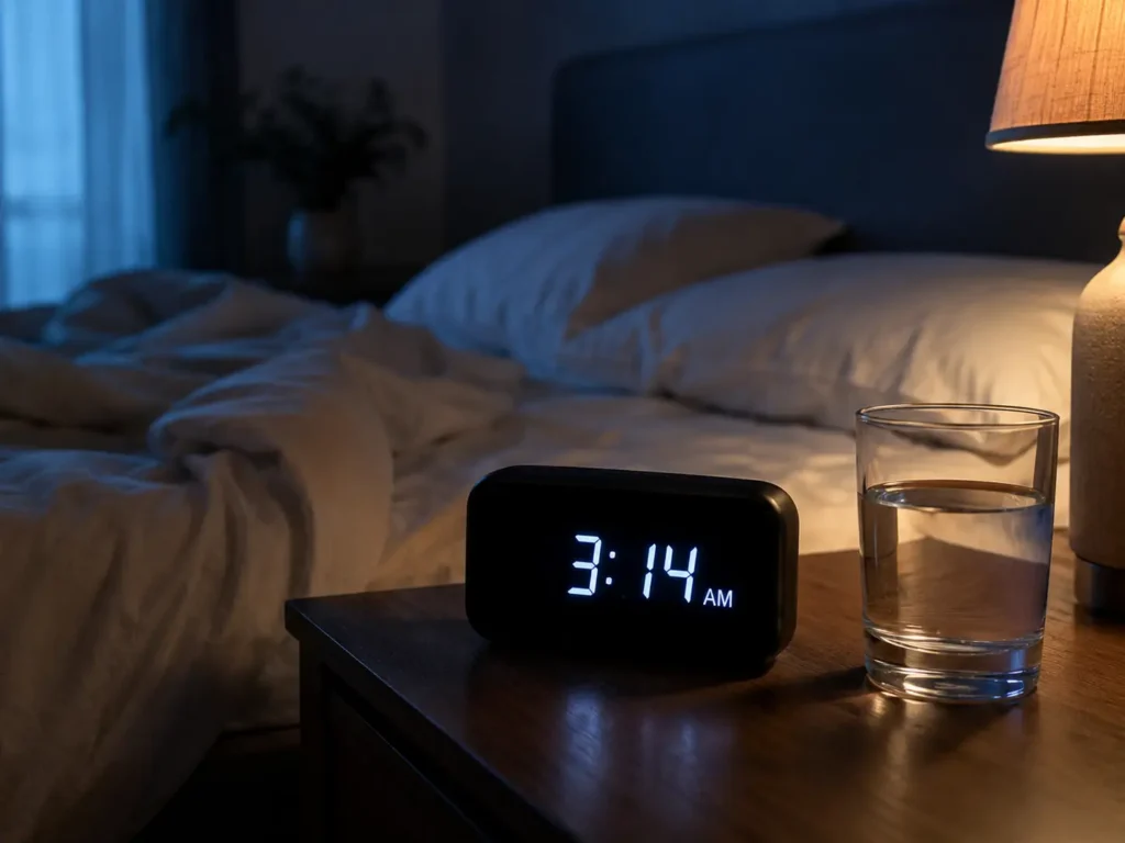 Éjjeliszekrényen álló óra hajnali időt mutat, elmosódott, üresen hagyott ágyfél a háttérben