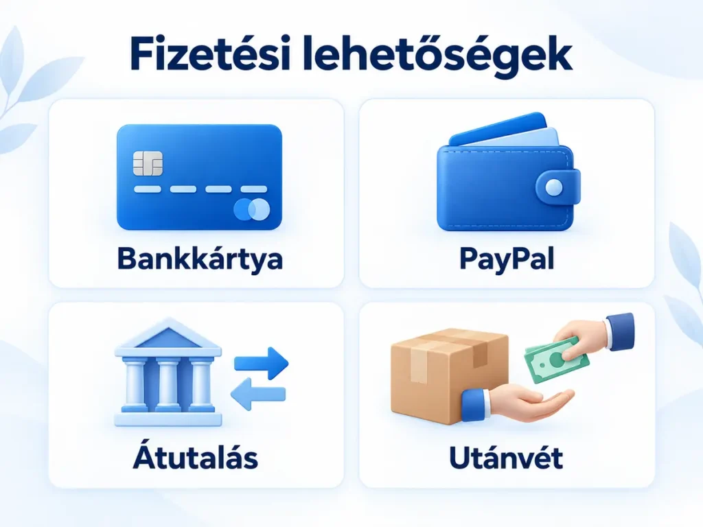 Utánvét, bankkártyás fizetés, PayPal és előreutalás. Válassz kedved szerint